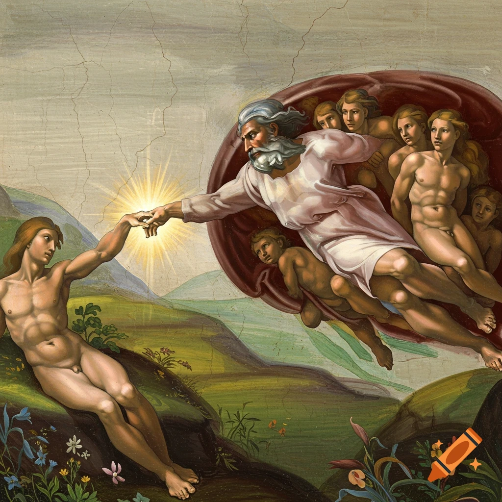 Renaissance painting of God reaching out to touch Adam's hand