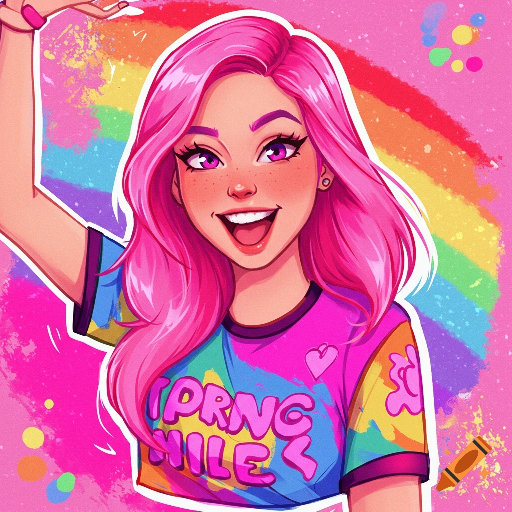 Cartoon portrait of a person with pink hair and colorful shirt against a rainbow background
