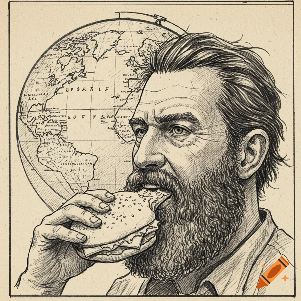 Sketch of a bearded man eating a sandwich in front of a globe.