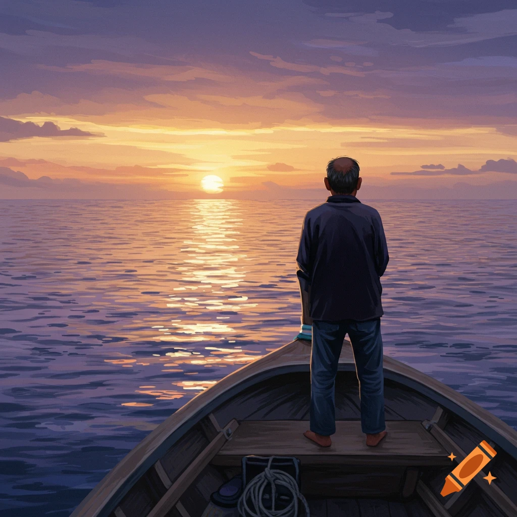 A man stands on the back of a boat, looking out at a sunset over the sea.