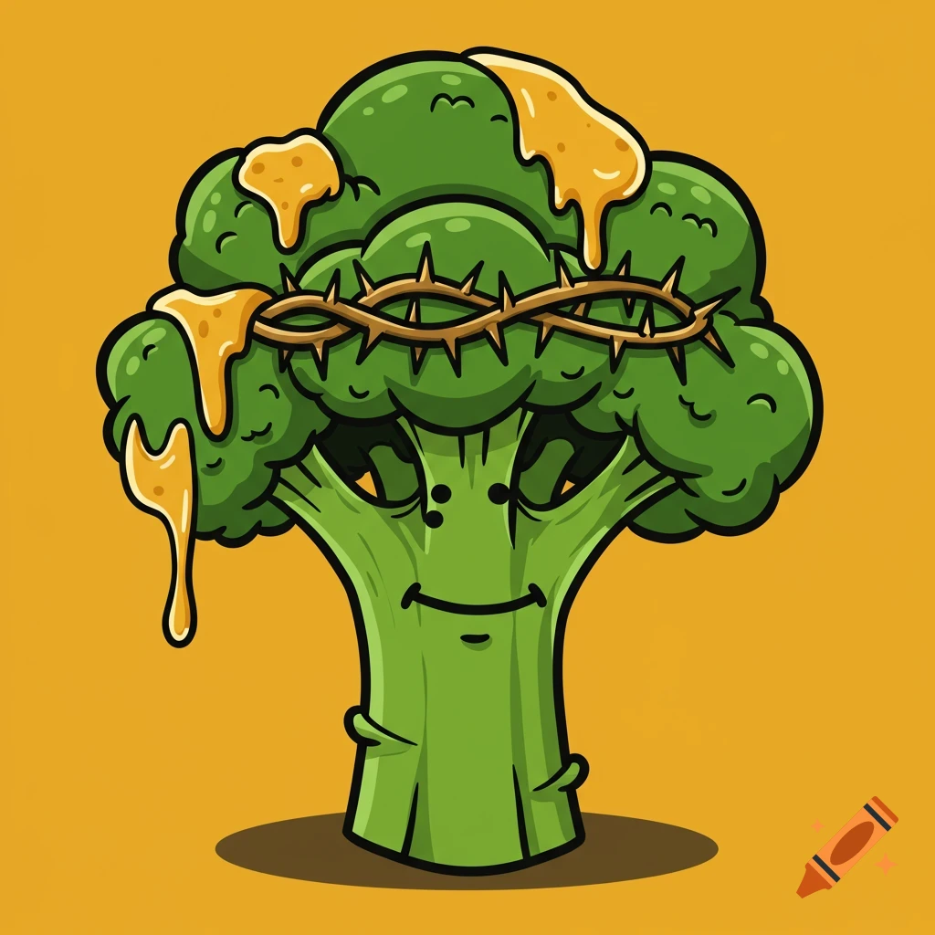 Cartoon broccoli wearing a cheesy crown of thorns and smiling