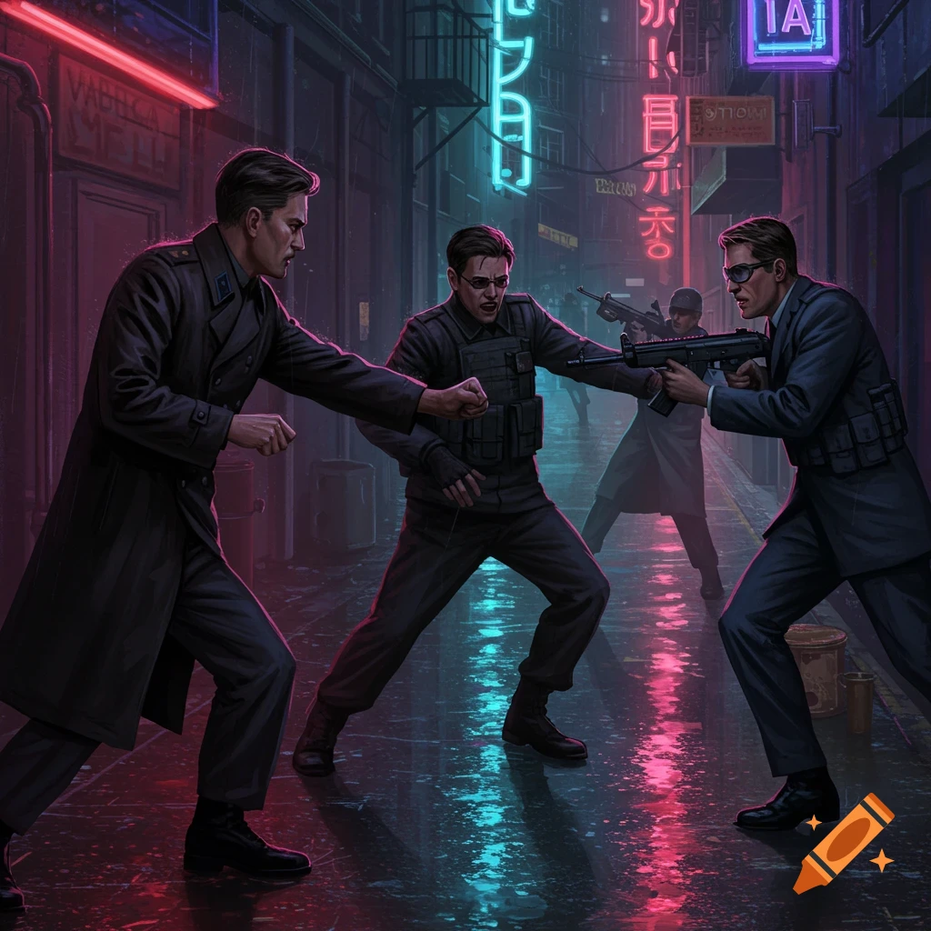 A fight scene between three men takes place in a neon-lit city alley.