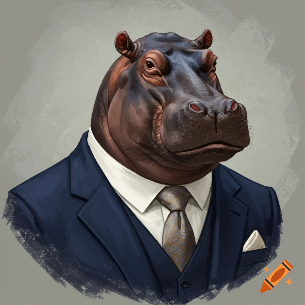 A hippo wearing a blue suit and patterned tie.