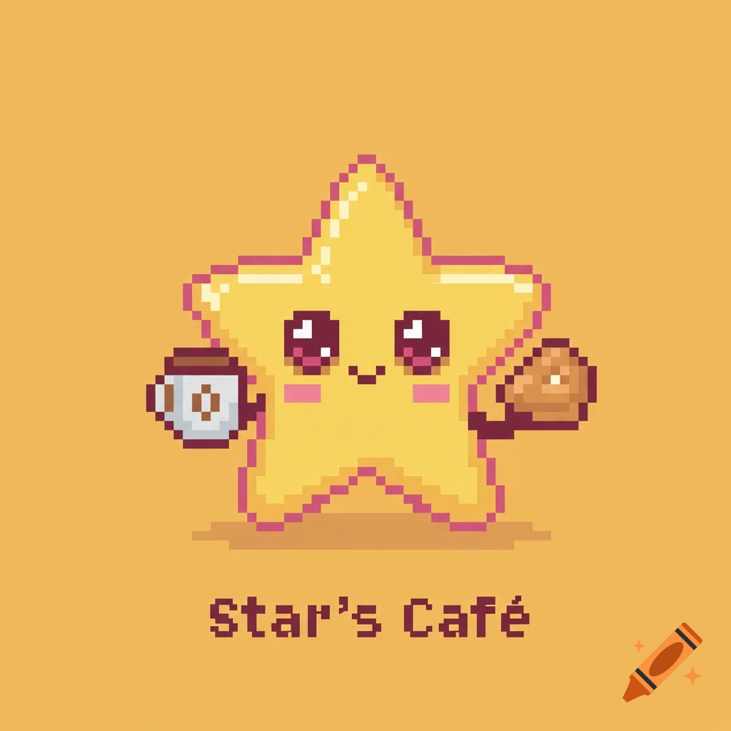 Cute pixel art logo of a smiling star holding a coffee cup and a pastry, with the text Star's Café below.