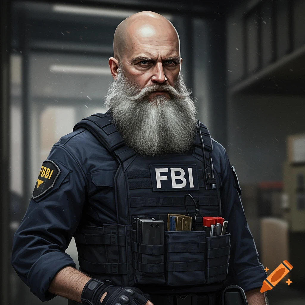 A bald man with a large grey beard wearing an FBI tactical vest