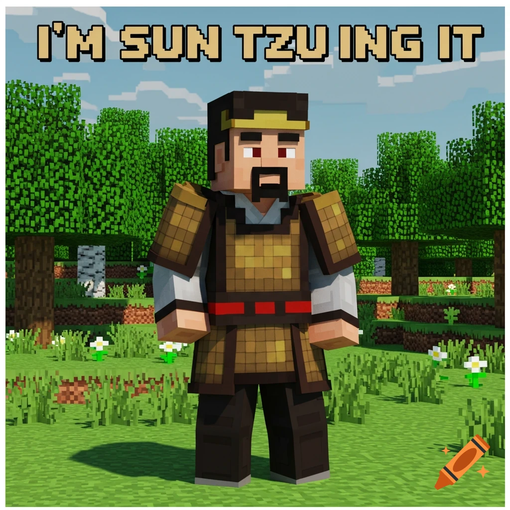 Minecraft style depiction of Sun Tzu standing in a field with text 'I'M SUN TZUING IT' above.