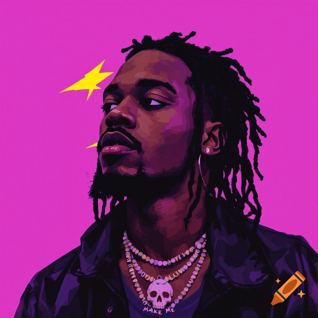 A person with dreadlocks wearing necklaces against a pink background with yellow shapes.