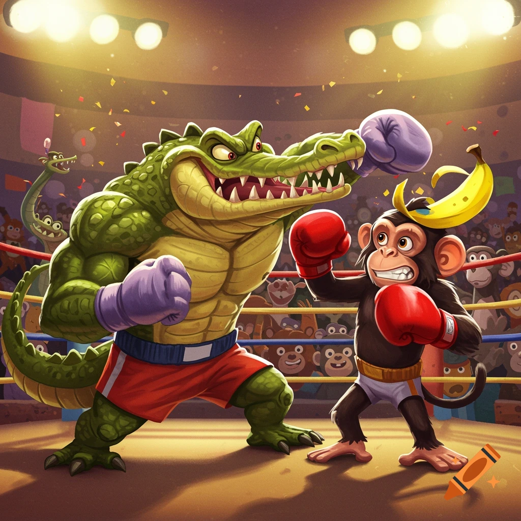 Cartoon crocodile boxing a chimpanzee wearing a banana hat in a ring with a crowd.