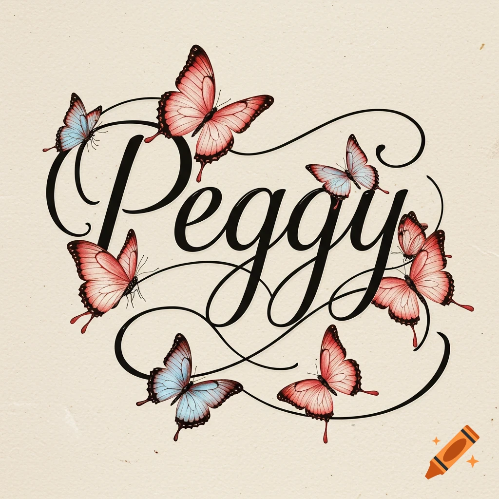 Elegant script of the name 'Peggy' surrounded by pink and blue butterflies.