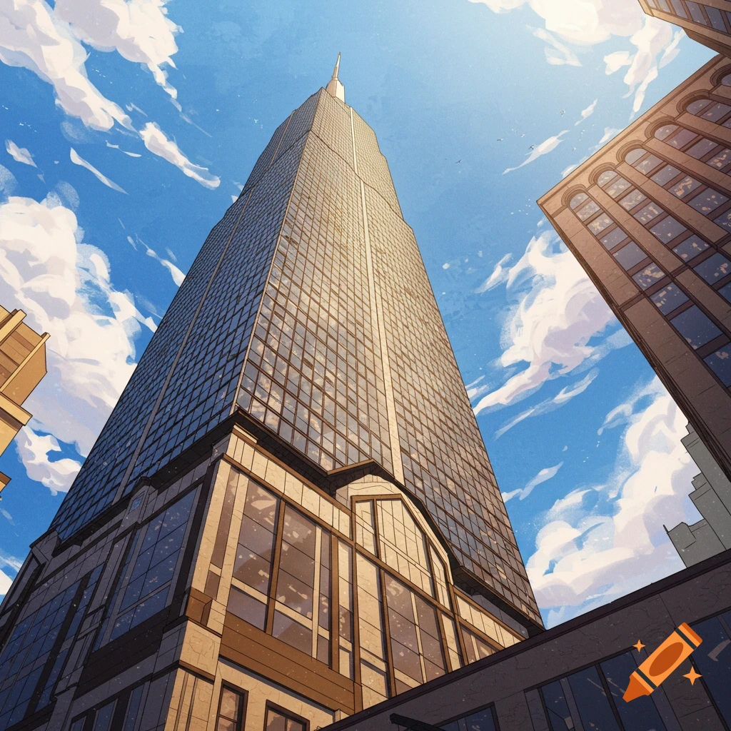 A low-angle view of a tall skyscraper and other buildings against a cloudy blue sky.