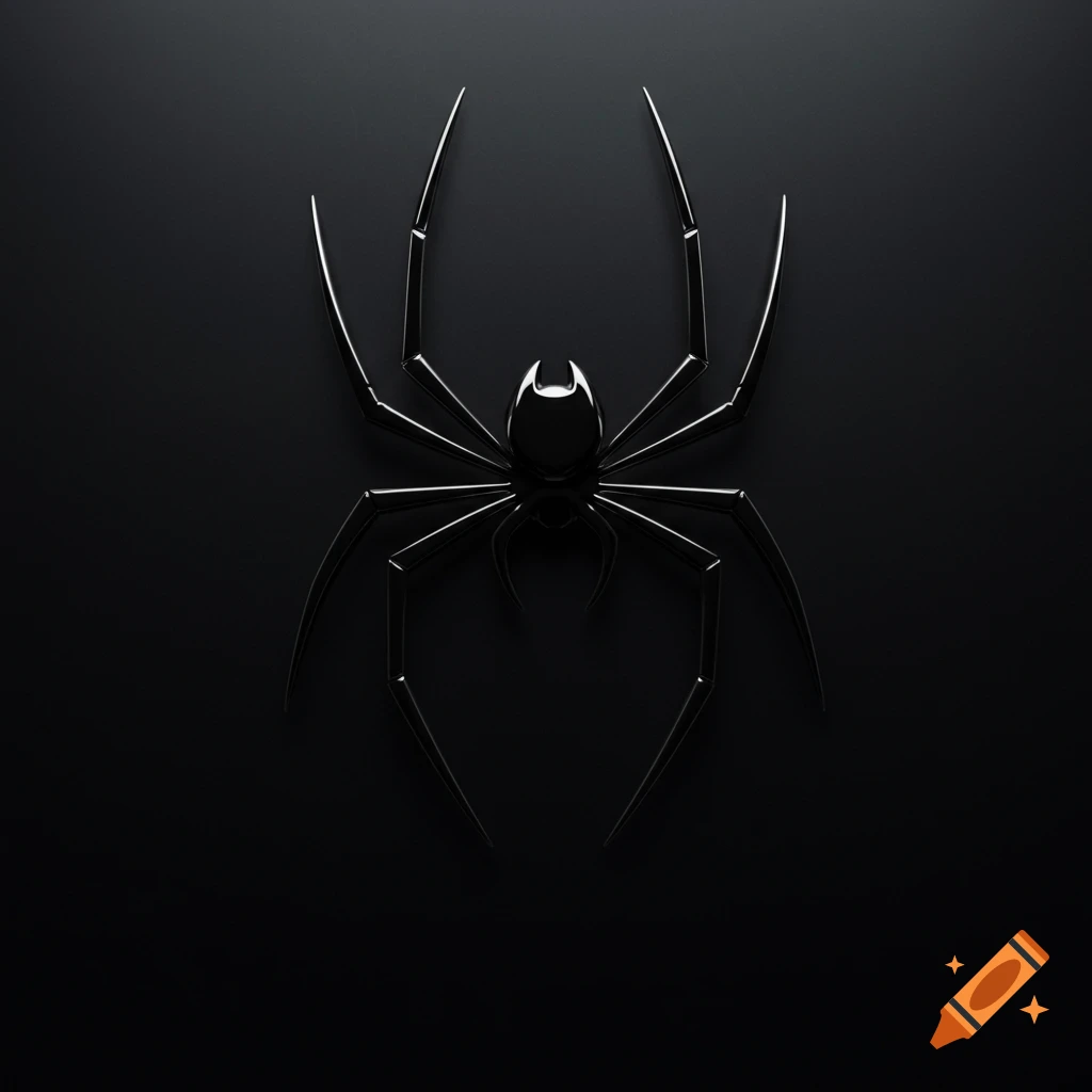 Shiny black stylized spider logo on a dark background.