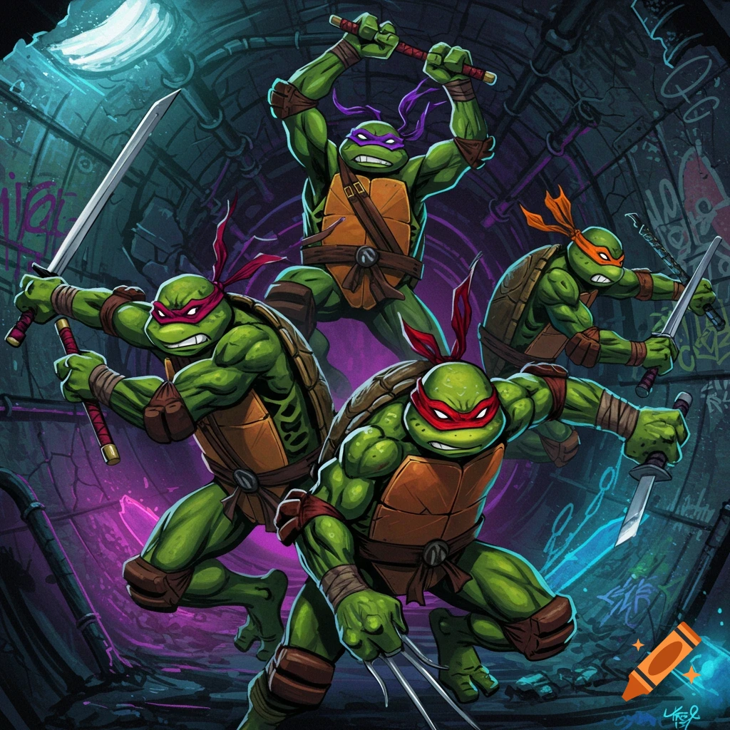 Teenage Mutant Ninja Turtles in action poses in a sewer setting.