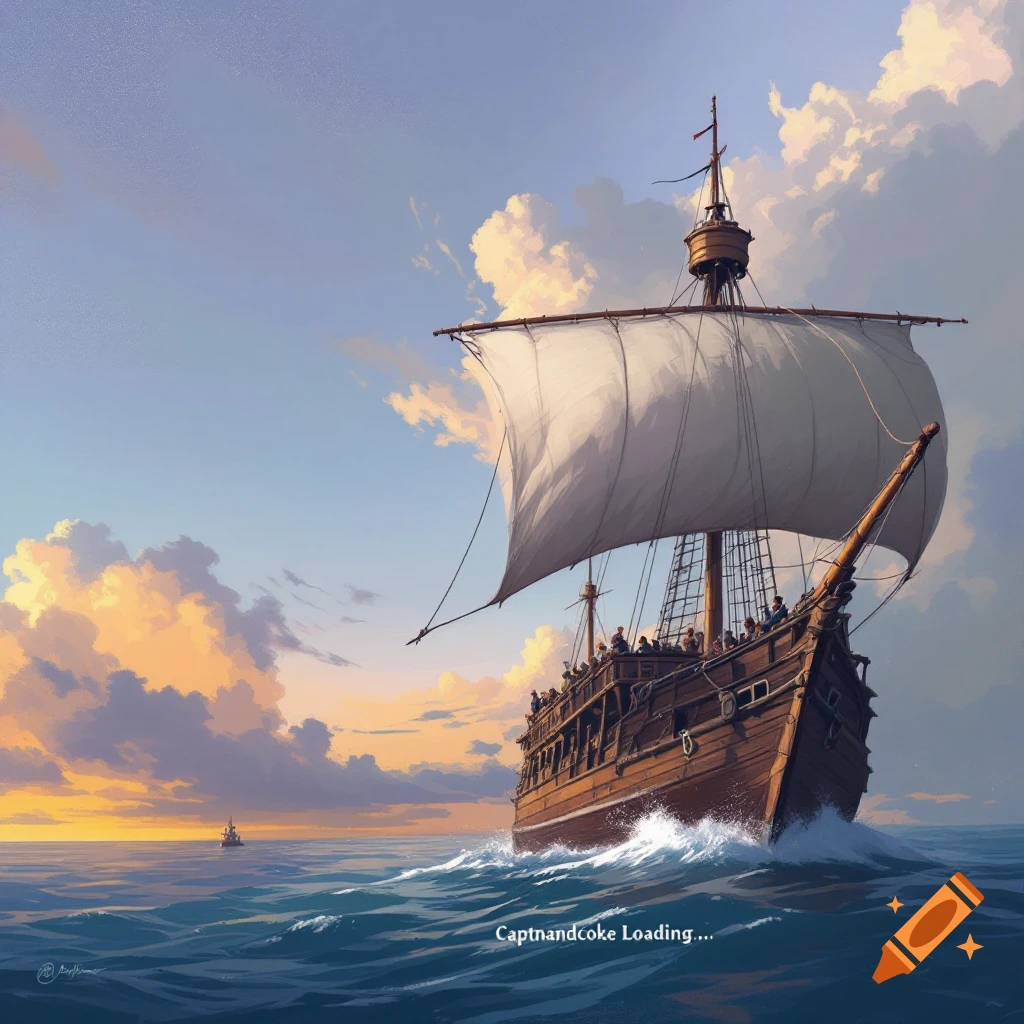 A large sailing ship on the ocean at sunset with people on deck