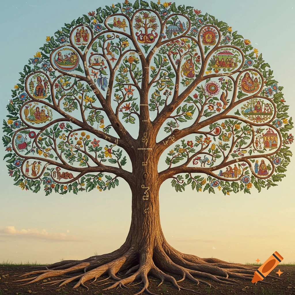 A large tree of life with intricate folk art illustrations and symbols within its branches and on its trunk.