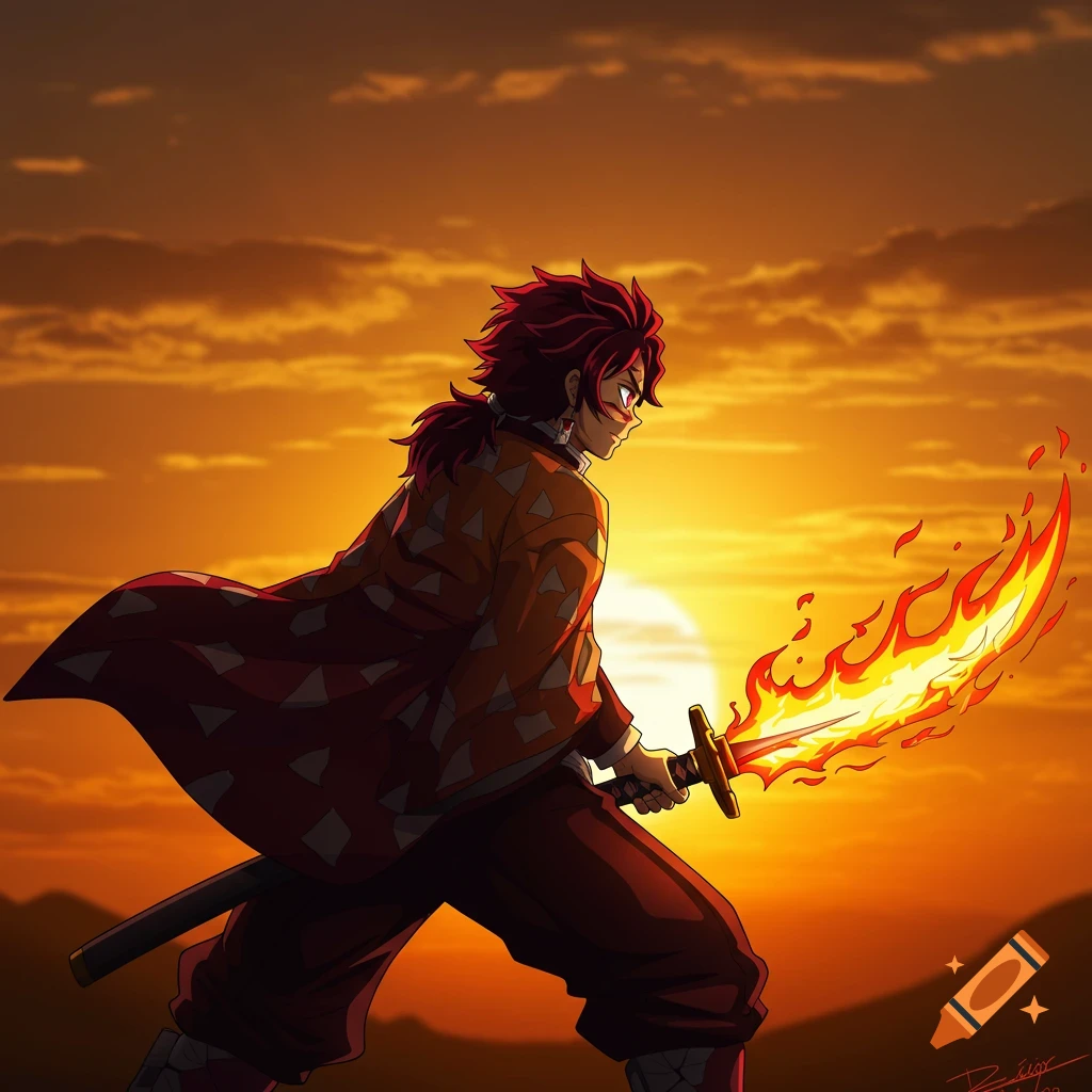 Anime character with a flaming sword silhouetted against a sunset
