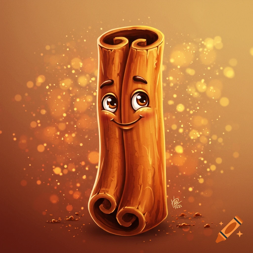 Cartoon cinnamon stick character on brown background with bokeh.