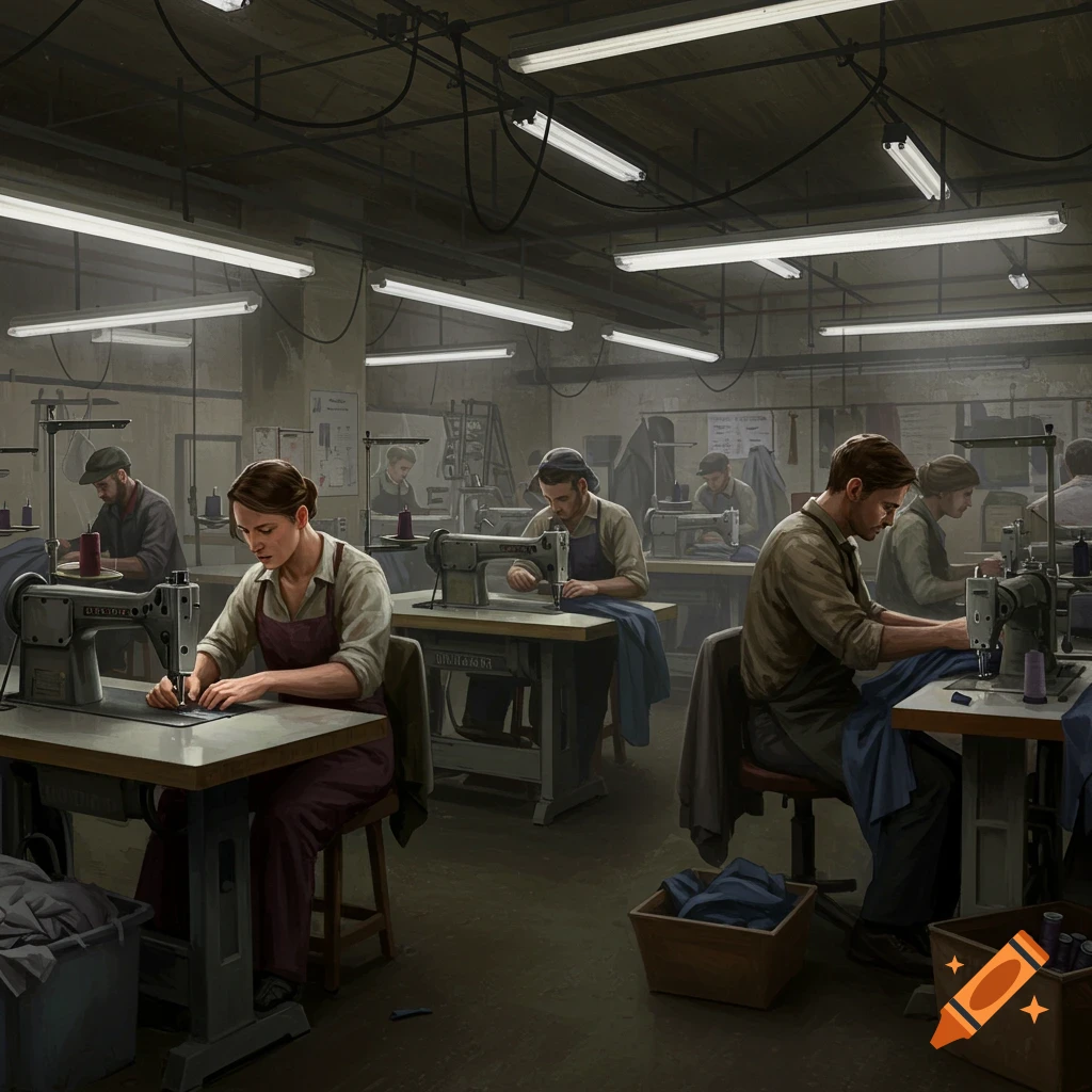 Workers using sewing machines in a dimly lit factory.