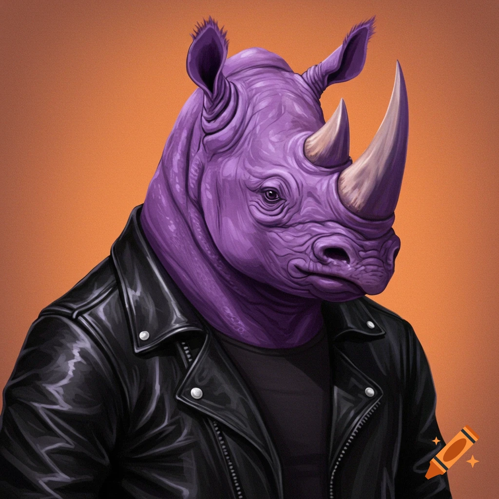 A purple rhino wearing a black leather jacket.