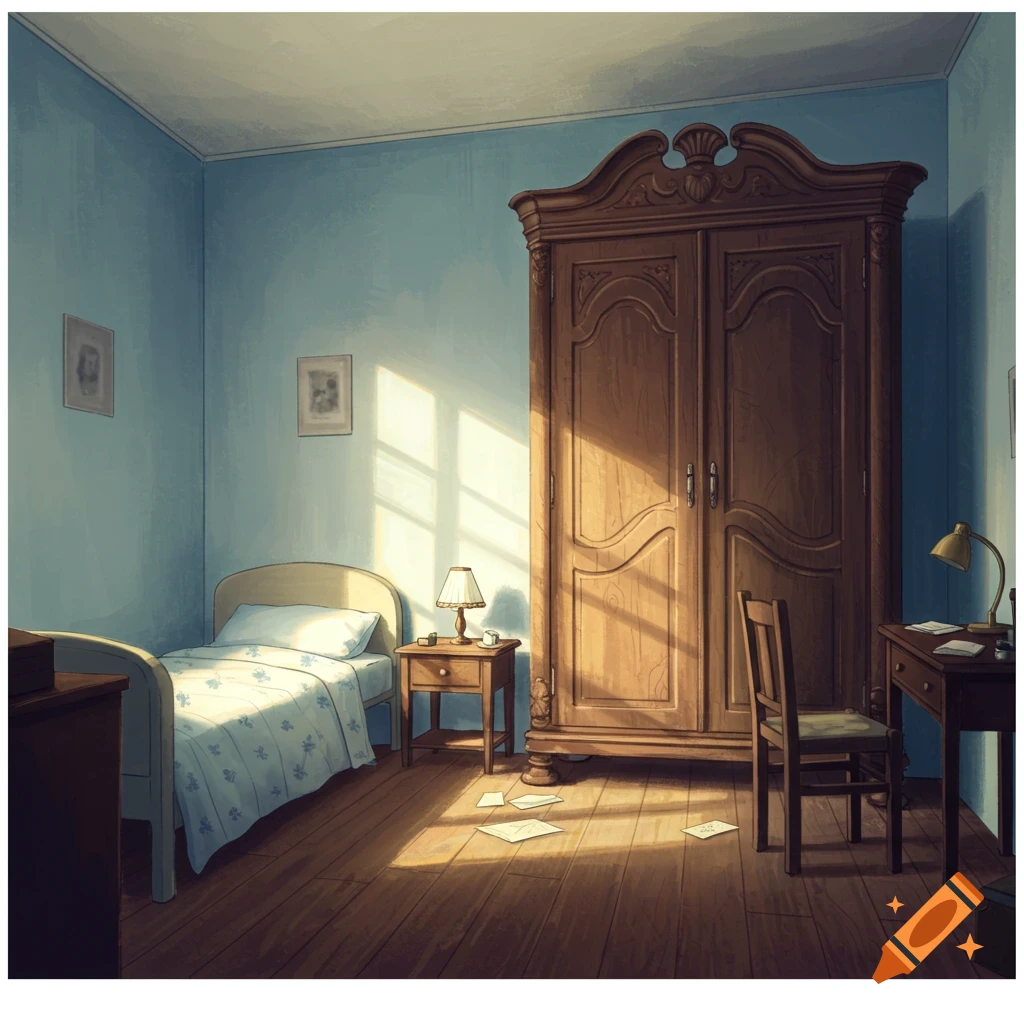 A sunlit bedroom with a bed, desk, and large wardrobe.