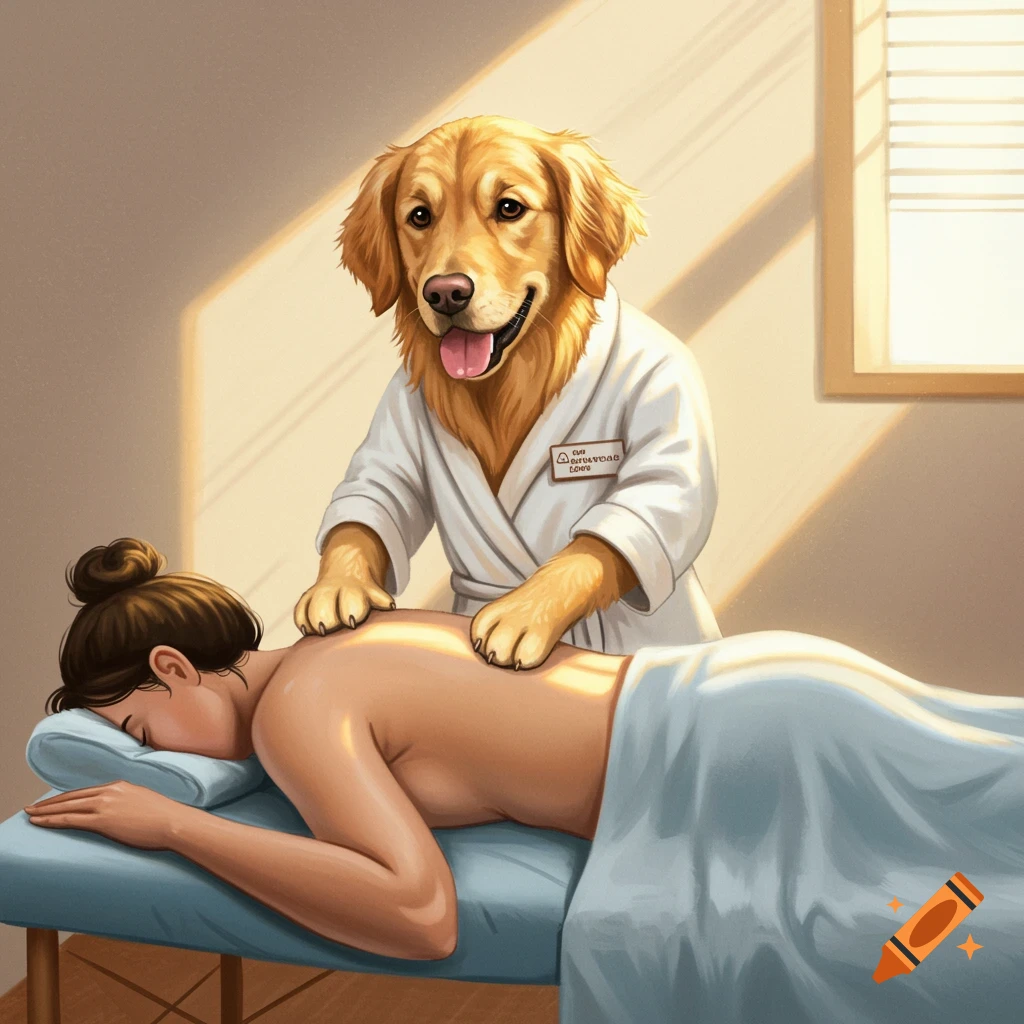 A cartoon illustration of a golden retriever in a spa robe giving a back massage to a human client.
