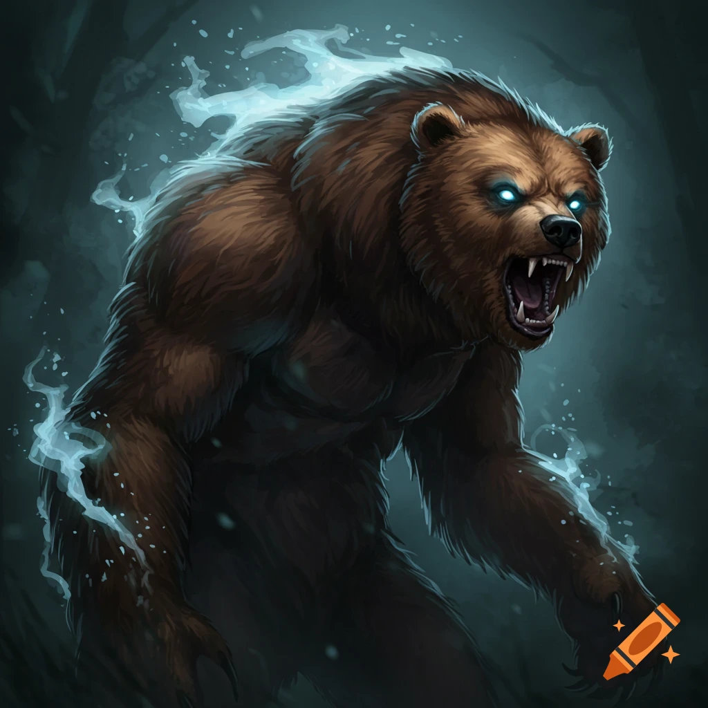 A spectral werebear with glowing blue eyes and energy.