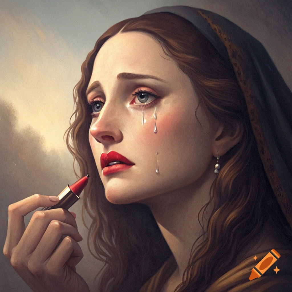 Classical style portrait of a woman crying while holding red lipstick.