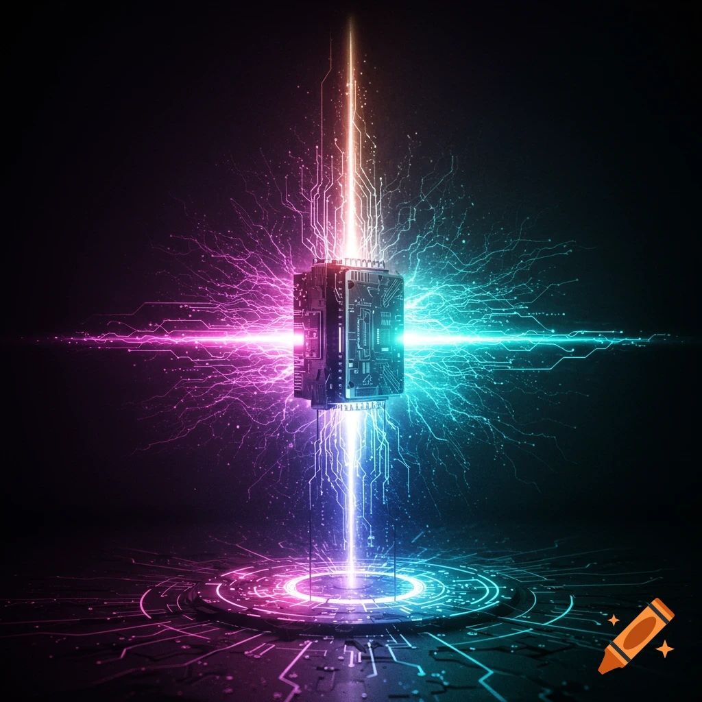 A quantum computer cube radiating bright pink and blue light and energy pathways.