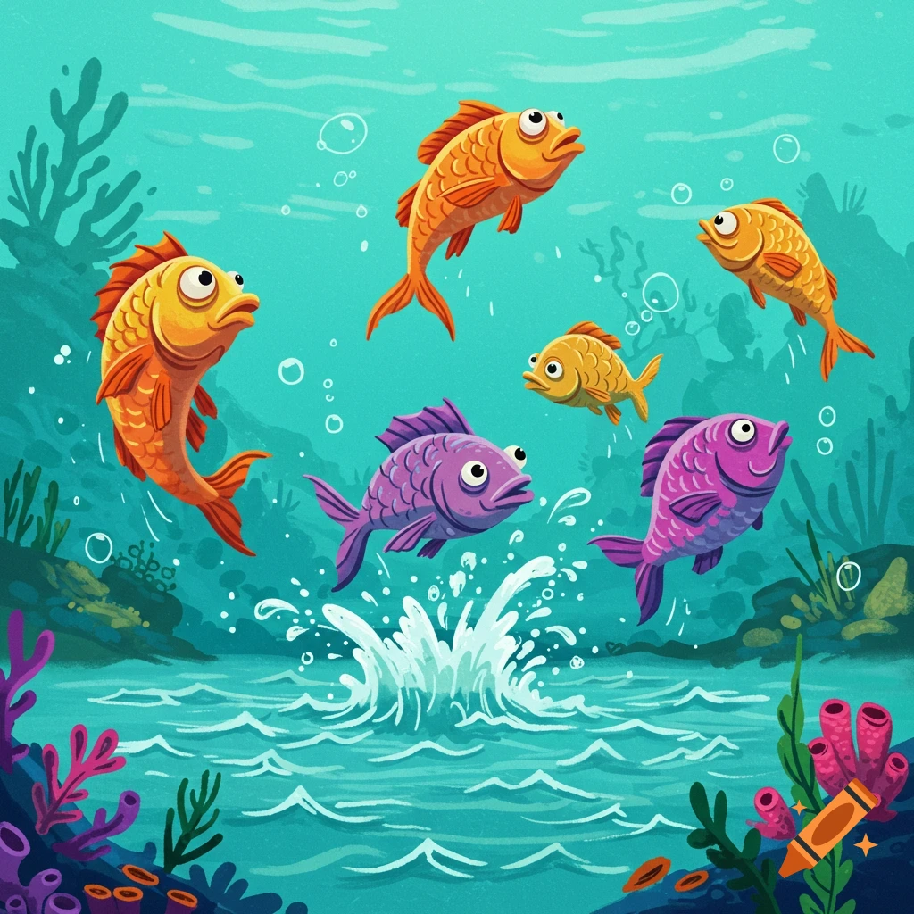 Cartoon illustration of colorful fish swimming and splashing underwater.
