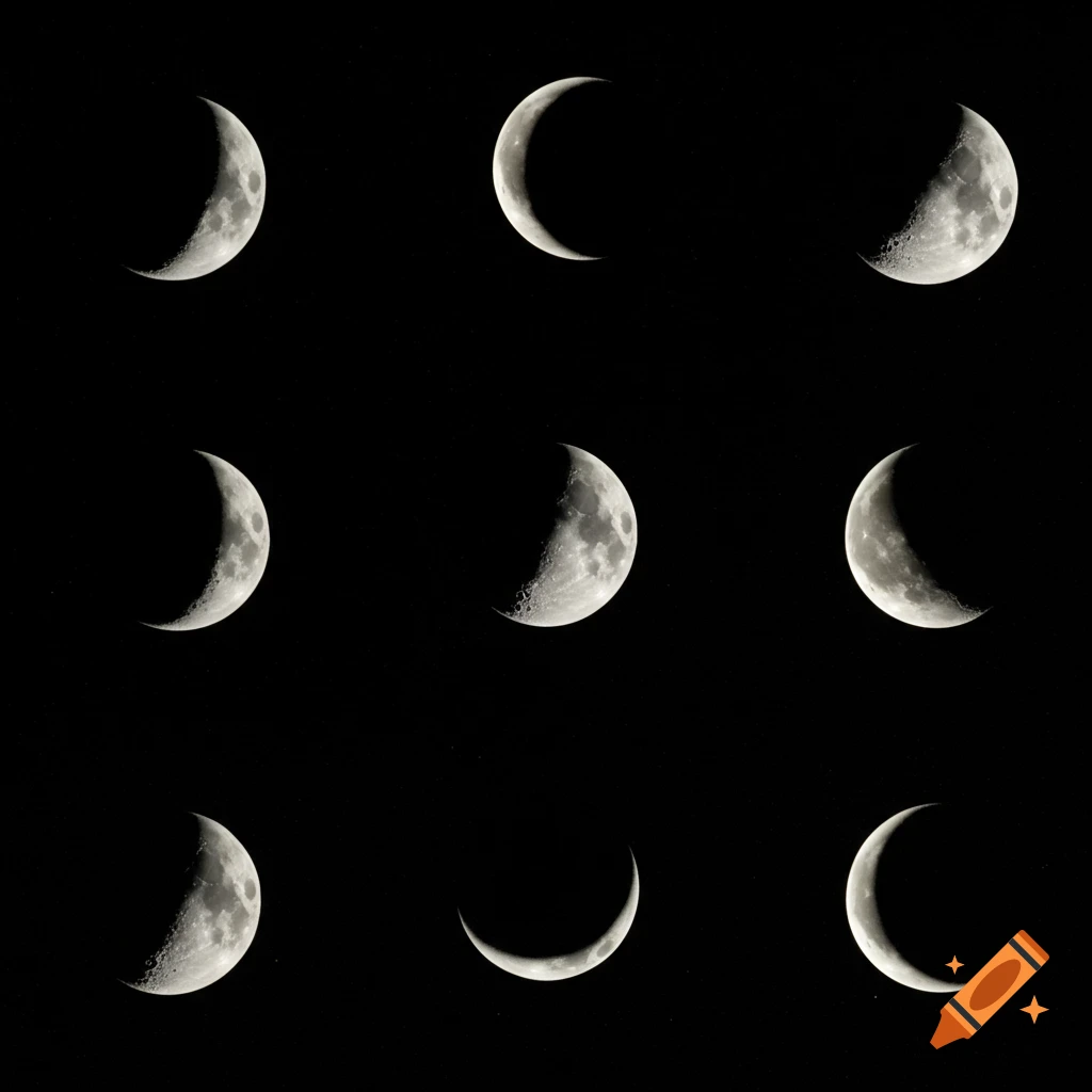 A grid of nine crescent moons in various waning phases against a dark, starry sky.