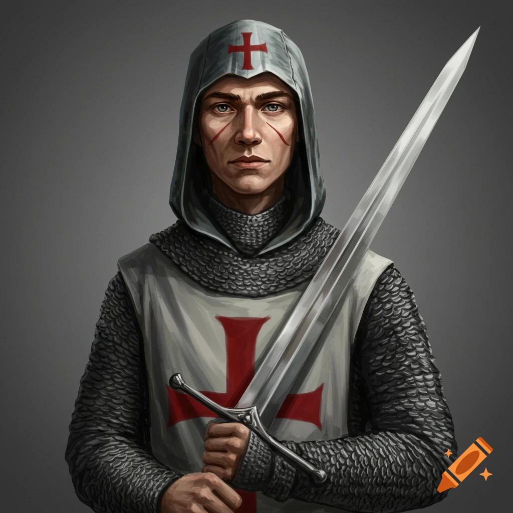 A young crusader in chainmail and tunic holding a sword, with red crosses on his hood and tunic.
