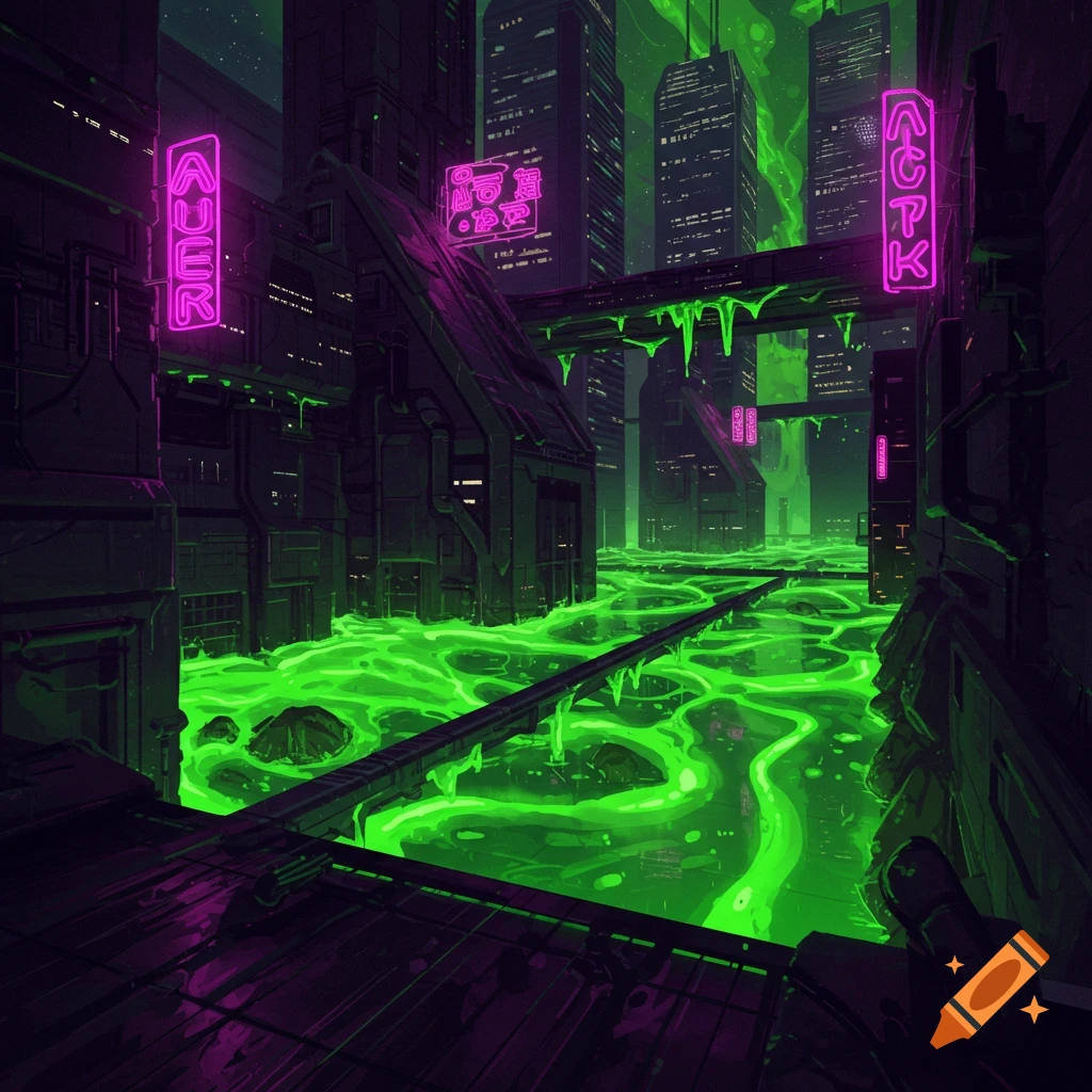 A dark futuristic city with tall buildings and neon signs, filled with glowing green toxic slime.