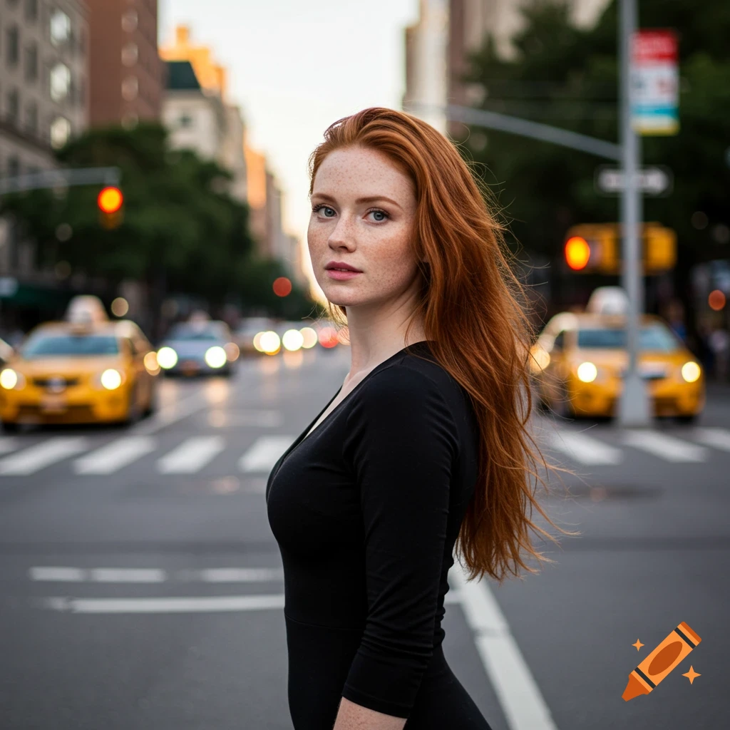 A woman with red hair and freckles stands on a city street crossing with taxis in the background. Photorealistic.