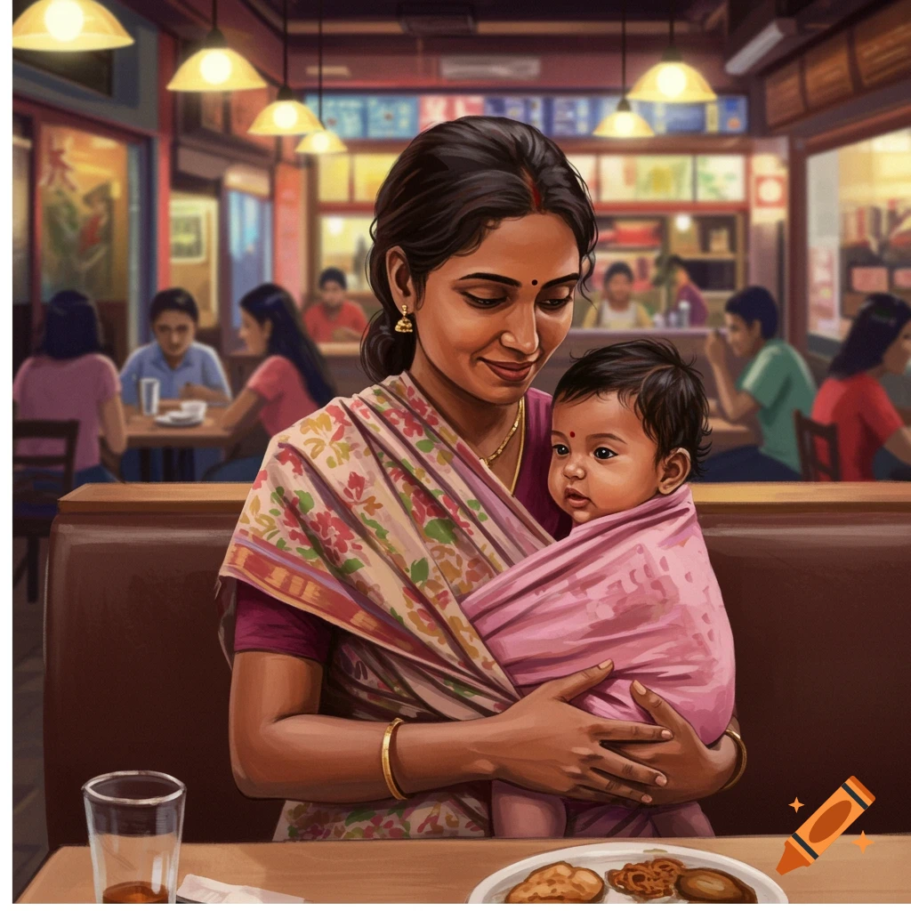 A South Asian mother holding her baby in a bustling restaurant.