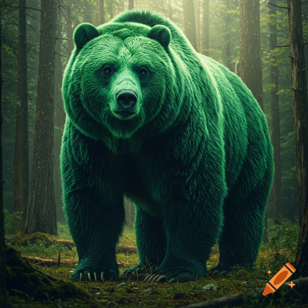 A large, green bear standing in a forest.