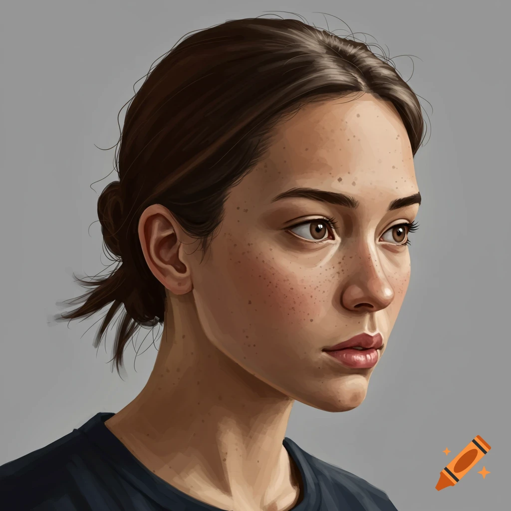 A young woman with freckles is looking right.