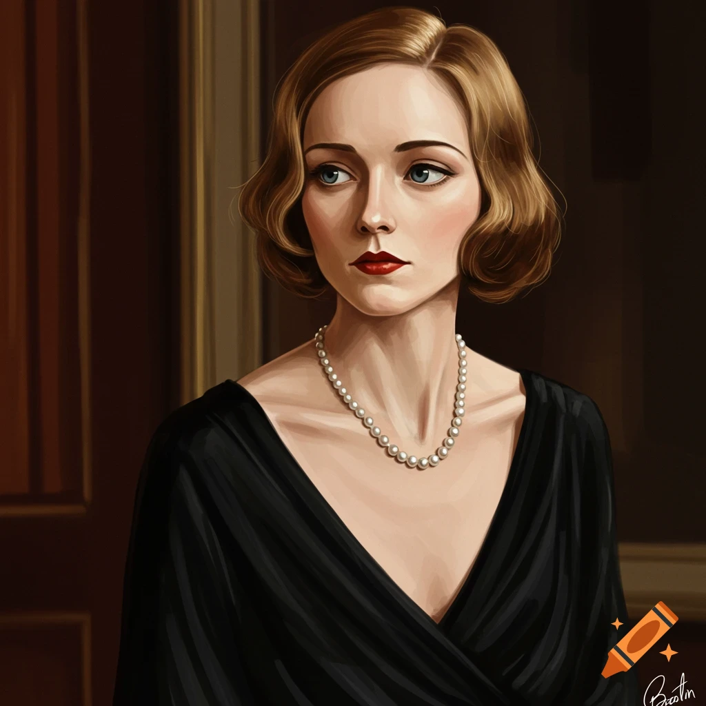 A woman in a black dress and pearl necklace.