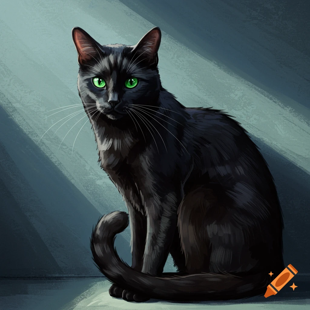 A black cat with striking green eyes sits peacefully, illuminated by a focused beam of light.