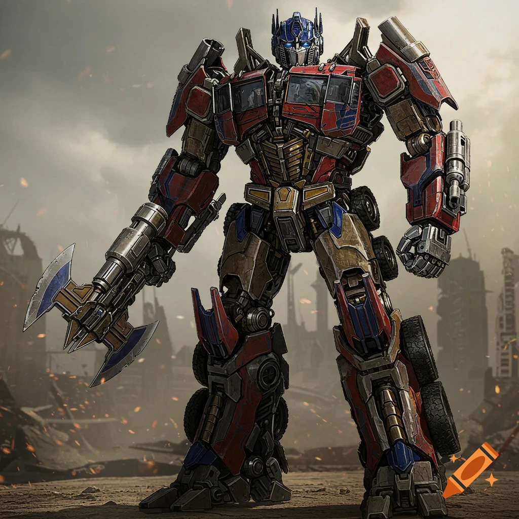 Optimus Prime robot standing in a ruined city