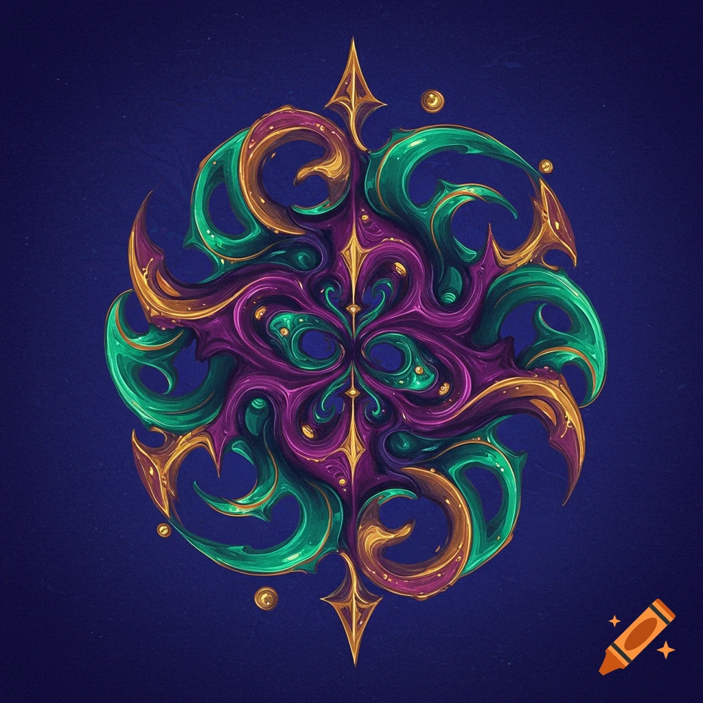 Abstract symmetrical symbol in green, purple, and gold on a dark blue background.