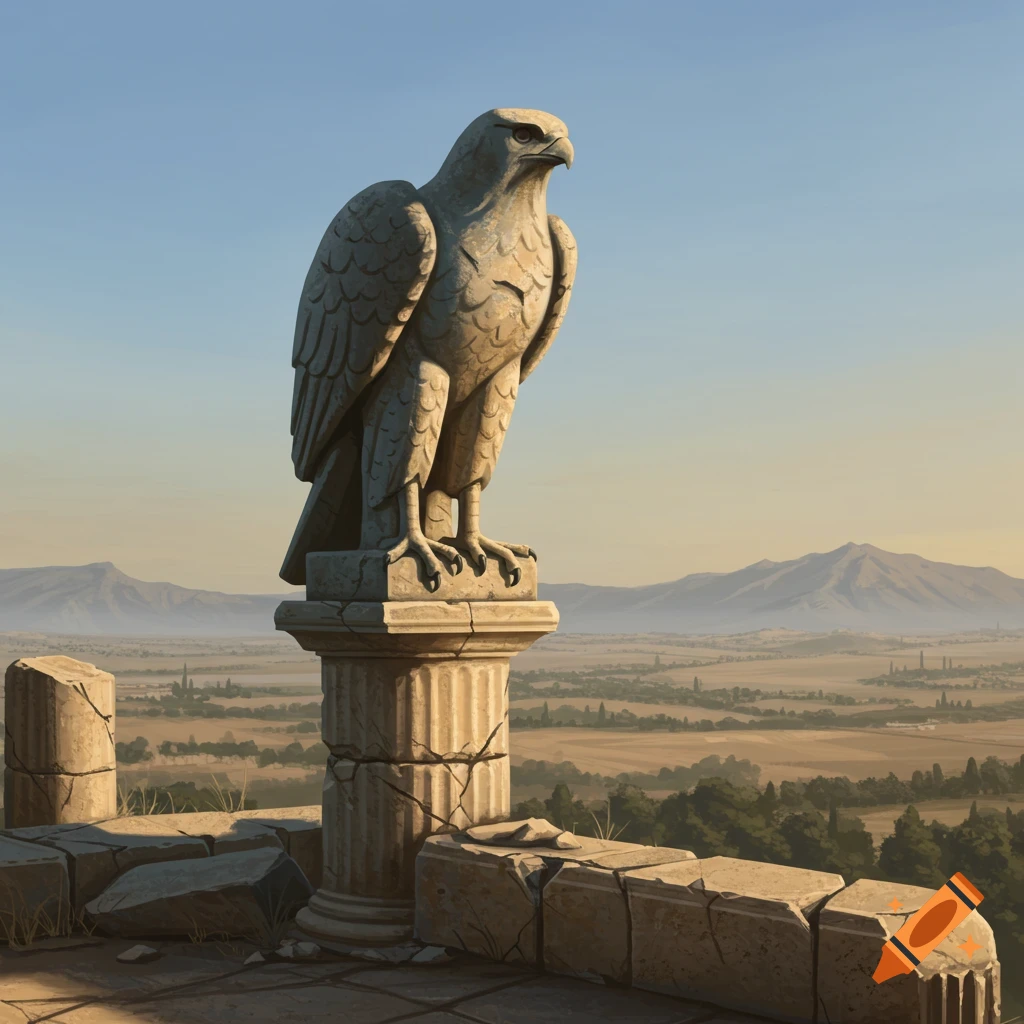 A stone hawk statue on a ruined pedestal overlooking a wide landscape.