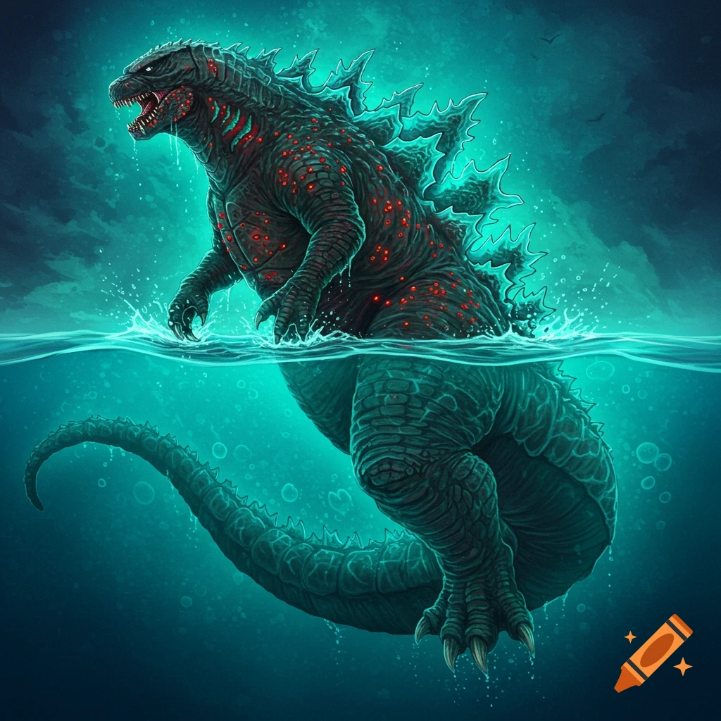 Red-spotted Godzilla emerging from the water.