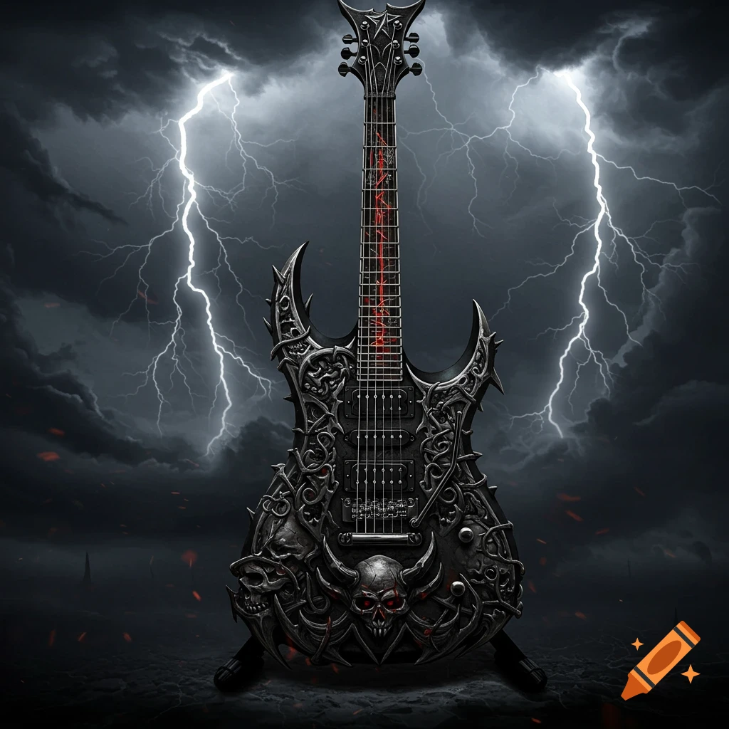 A dark electric guitar with skulls and carvings is depicted against a stormy sky with lightning.