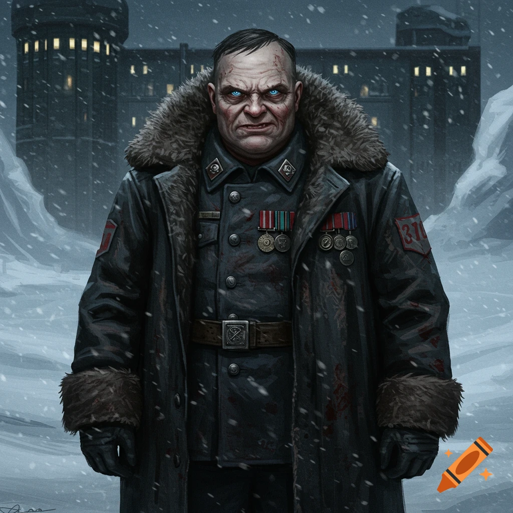 A stern prison warden in a fur-lined coat in an arctic setting.
