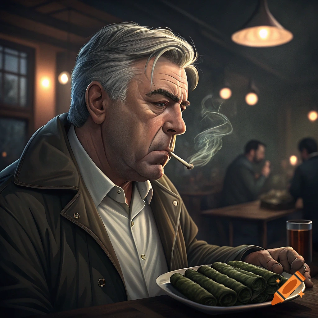A man smokes a cigarette while looking at a plate of dolma in a dimly lit bar.