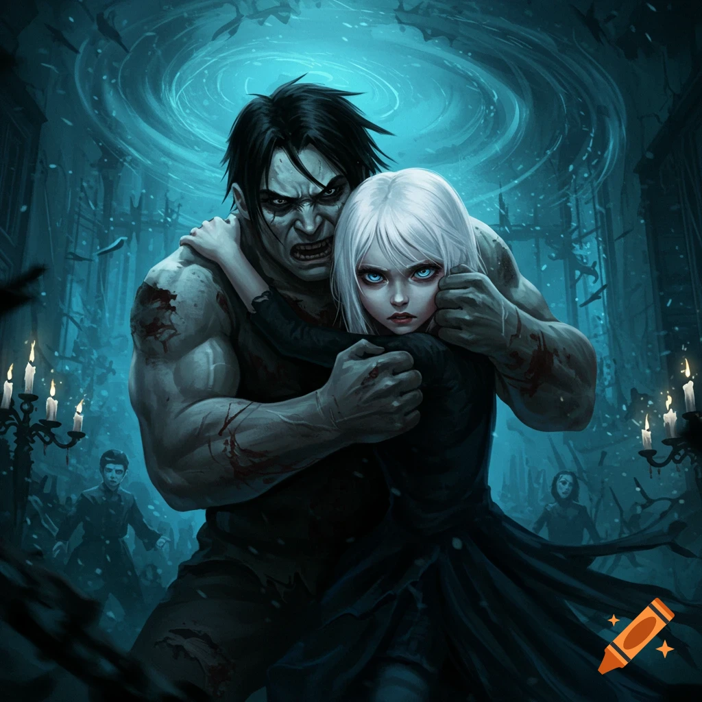 A large man holding a girl with white hair in a dark, ominous room.