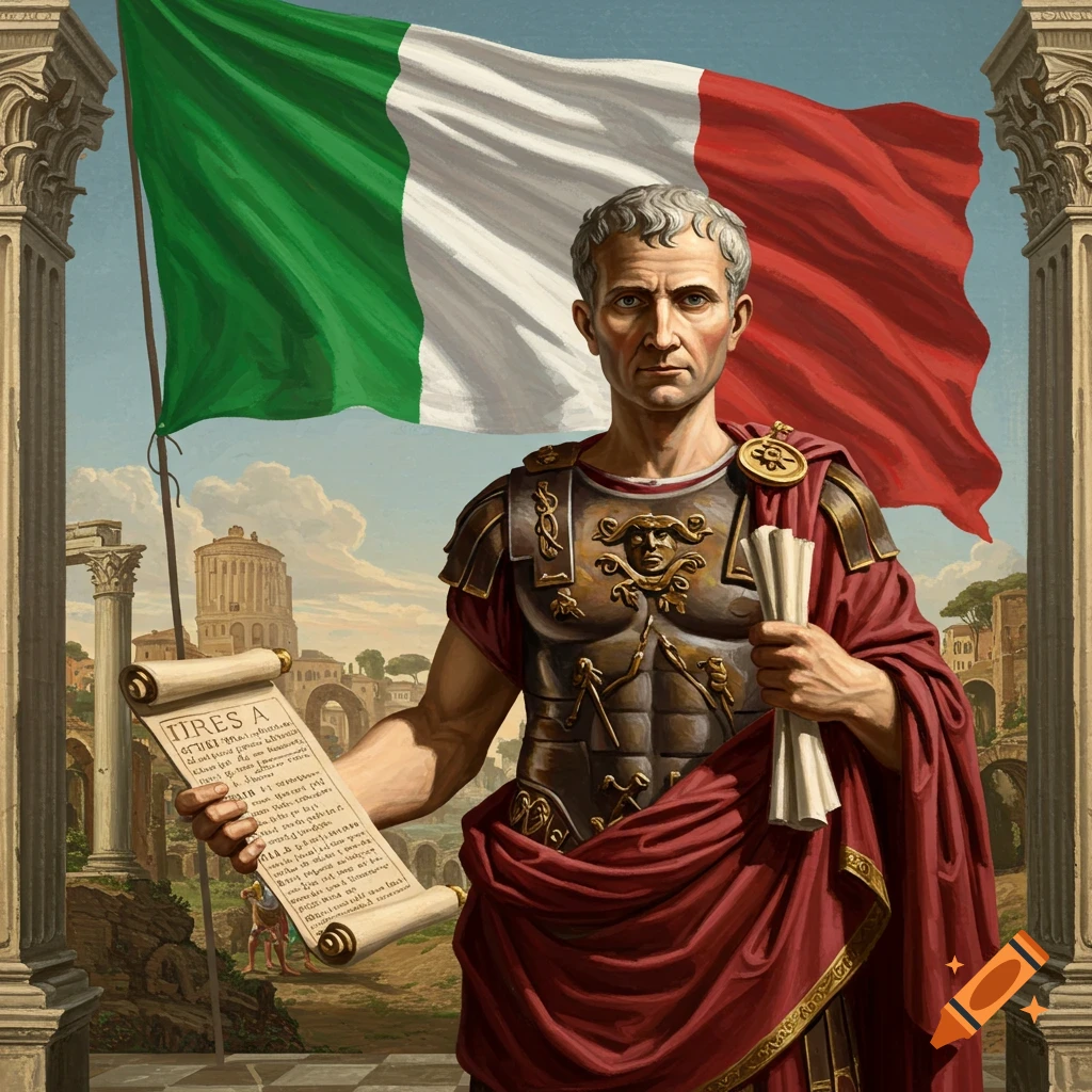 Julius Caesar in Roman attire holding scrolls, with Roman ruins and an Italian flag behind him.