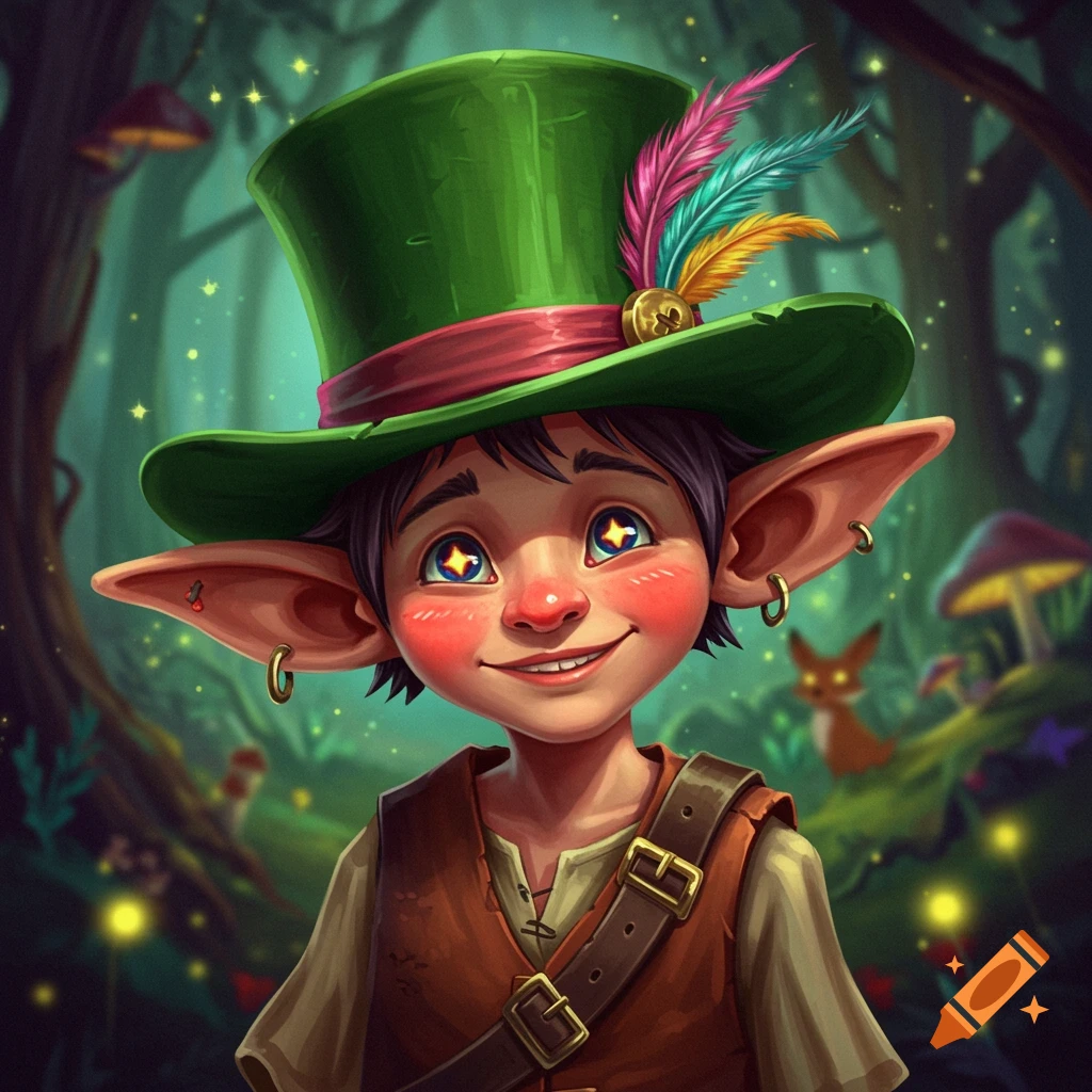 A fantasy character with a green hat and pointed ears is in a magical forest.