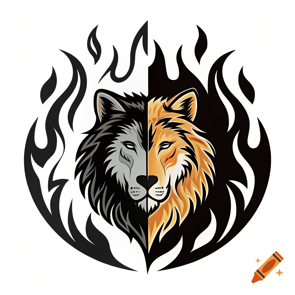 Vector logo of a split wolf and lion face surrounded by black flames