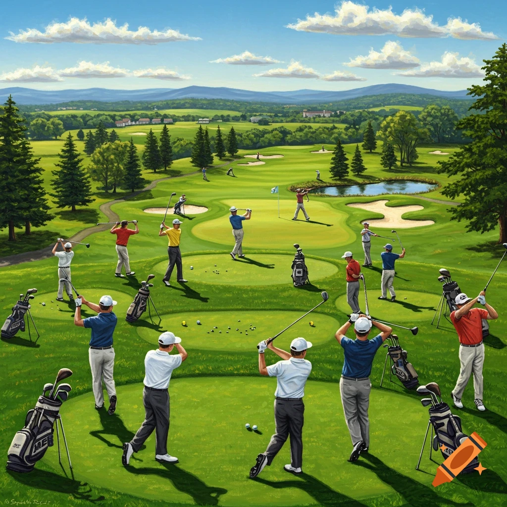 Multiple golfers playing on a green course with trees, hills, and a pond.