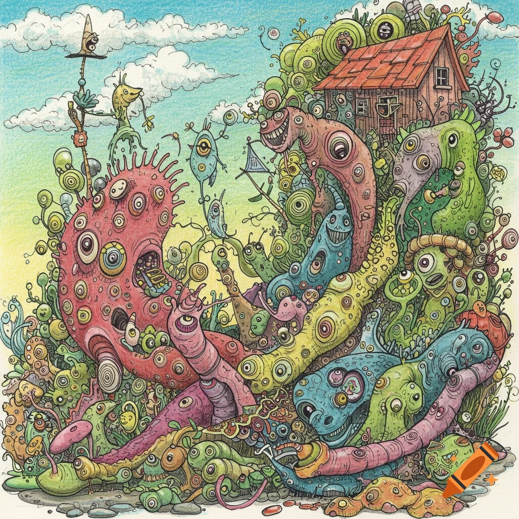 Detailed colored pencil illustration of colorful, bizarre monsters and creatures surrounding a small house on a grassy hill under a cloudy sky.